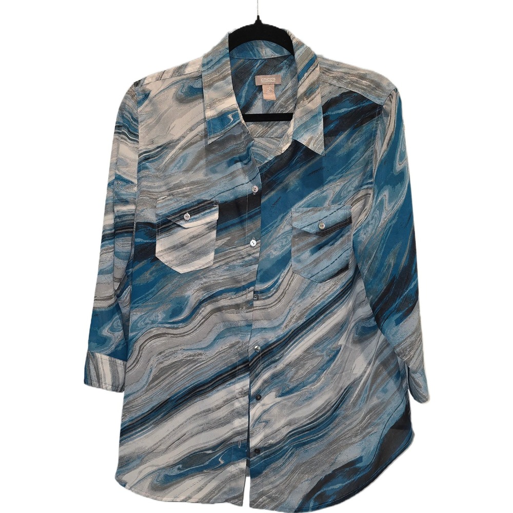 Chicos Blue Marble Print Button Up Blouse 3/4 Sleeve Abstract Top Size 2 L